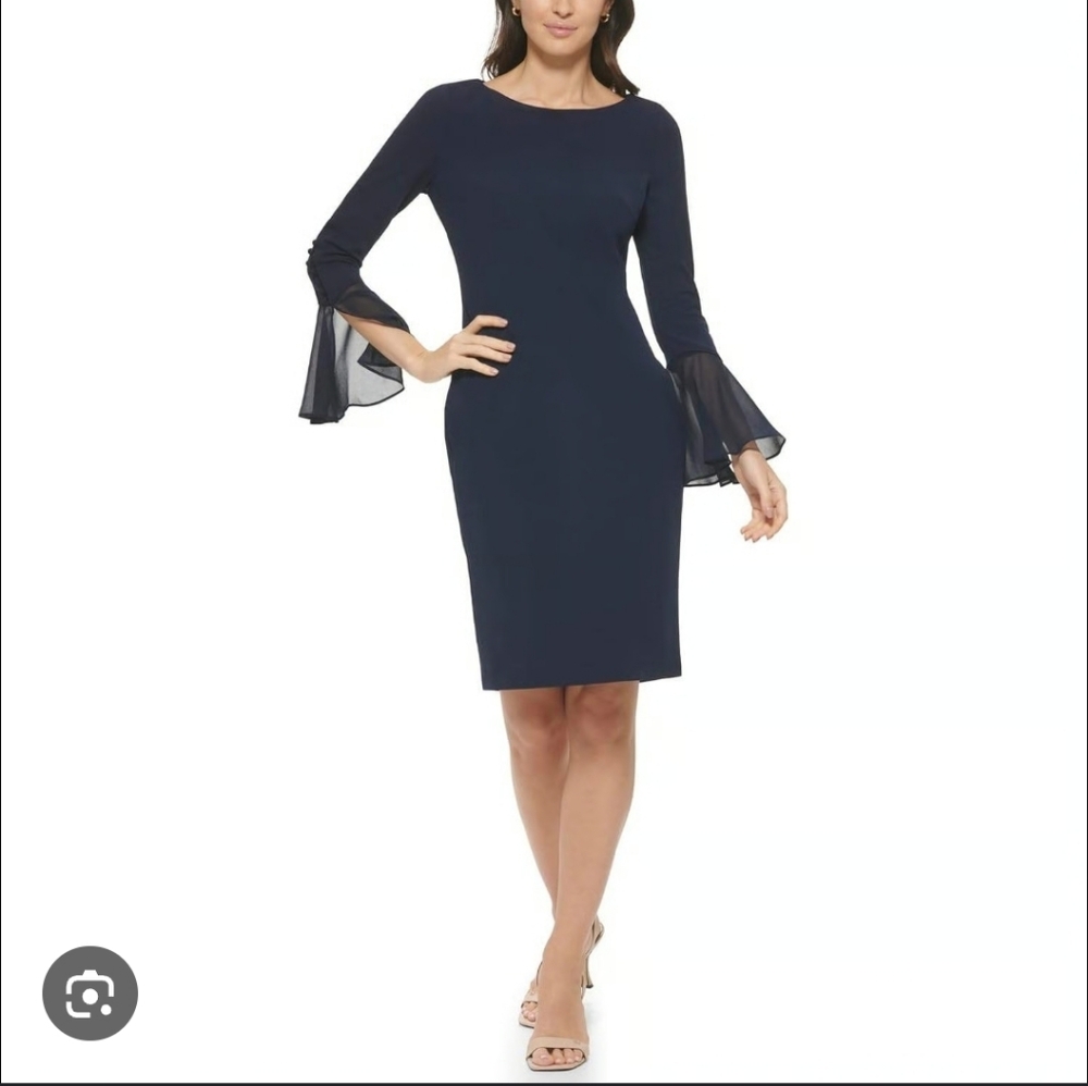 Calvin Klein Navy Sheath Dress Chiffon Bell Sleeves Button‎ Detail Size 4P #692